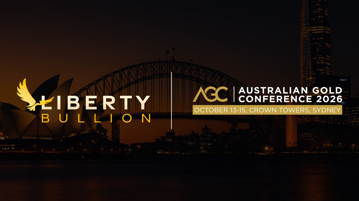 Liberty Bullion and Australian Gold Conference 2026 logos over the Sydney Harbour skyline at dusk