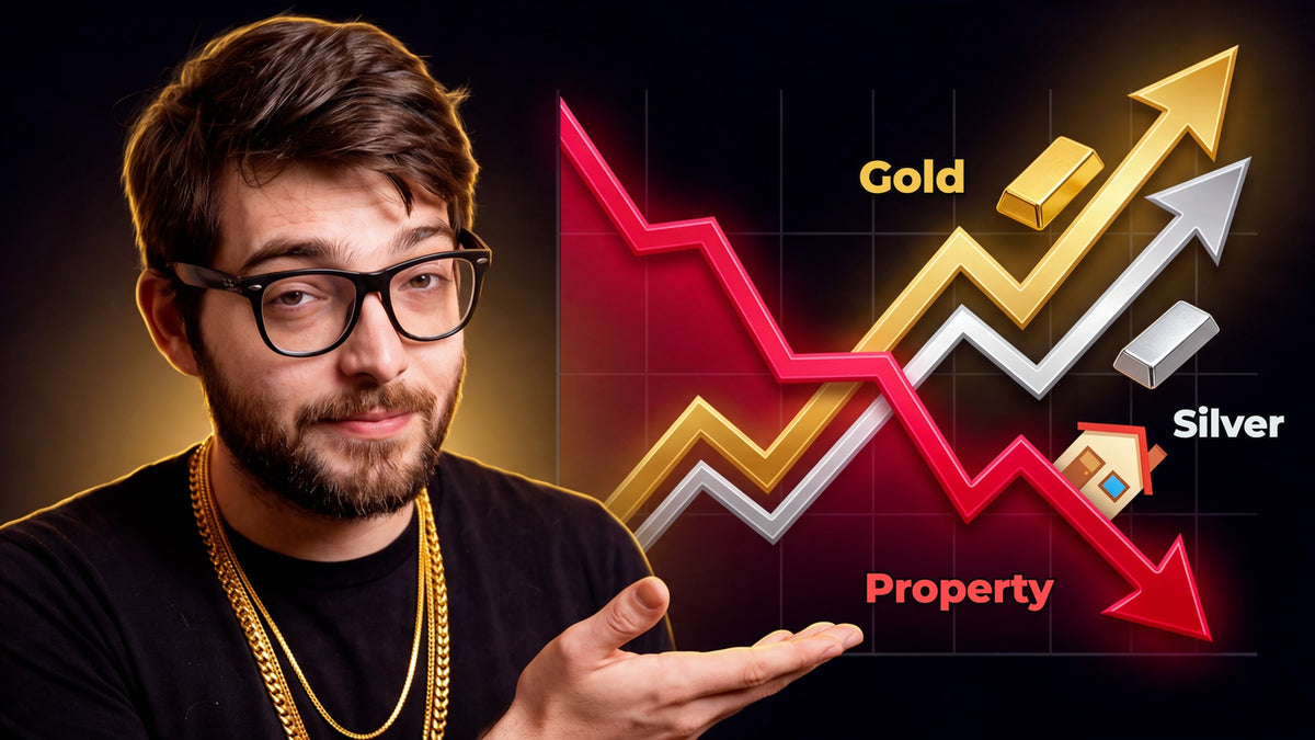 Sam Lawrie beside a chart of Australian property falling while gold and silver rise.