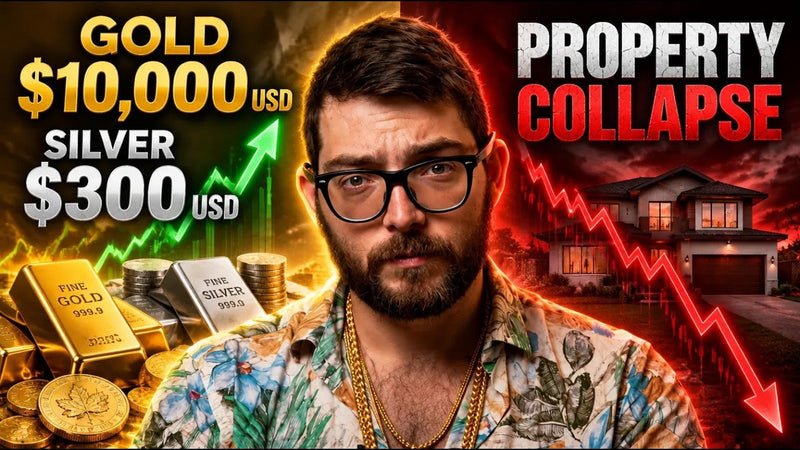 Liberty Bullion video thumbnail comparing gold at $10,000 USD and silver at $300 USD against a collapsing Australian property market