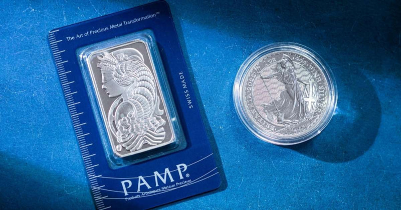 PAMP Suisse 1oz platinum bar and Britannia silver coin available at Liberty Bullion Australia
