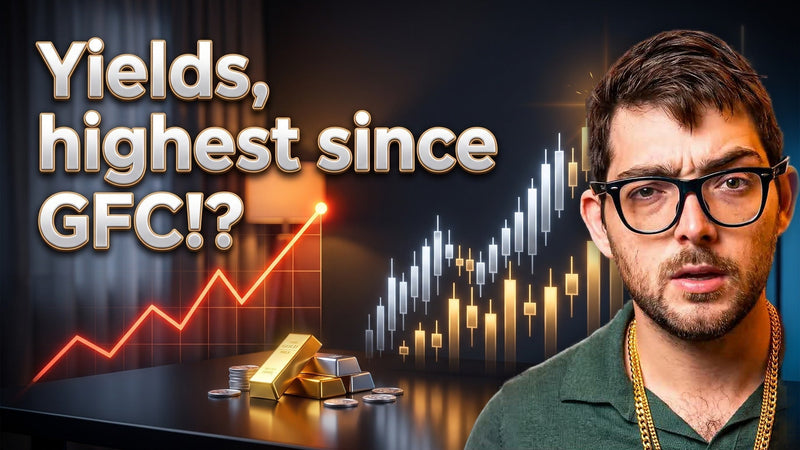 Sam looking sceptical beside the headline 'Yields, highest since GFC' with rising bond yield, gold and silver charts