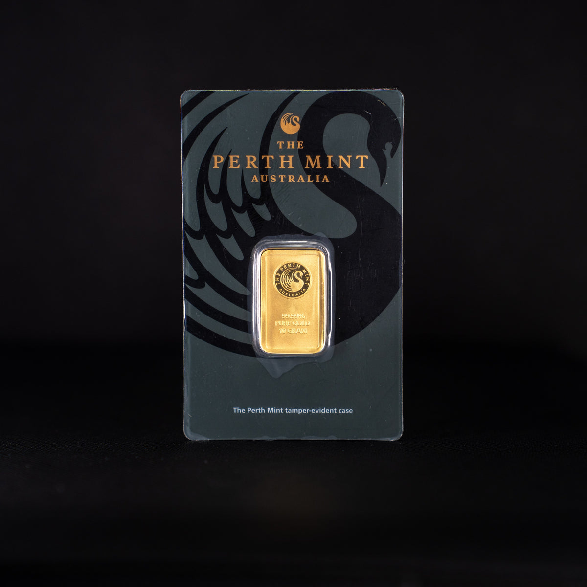Perth Mint 10 gram minted gold bar 99.99% in tamper-evident case, front view